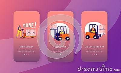 Freight Shipping, Delivery and Logistics Mobile App Page Onboard Screen Set. Worker Lifting Cargo on Forklift Machine Vector Illustration