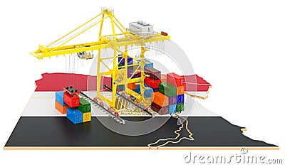 Freight Shipping in Egypt concept. Harbor cranes with cargo containers on the Egyptian map. 3D rendering Stock Photo