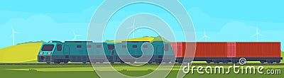 Freight train with container on railway car. Transportation by railroad. Nature landscape in a hilly area. Vector flat Vector Illustration