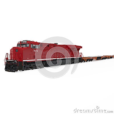 Freight train with flat cars on white. 3D illustration Cartoon Illustration