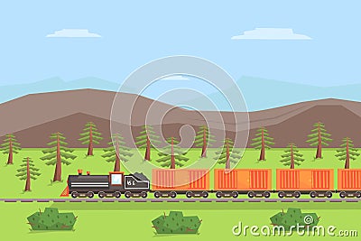 Freight Train Moving on Nature Landscape, Rail Transportation on Summer Mountain Background Vector Illustration Vector Illustration