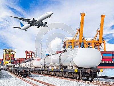 Freight train for oil and fuel transport and cargo plane Stock Photo