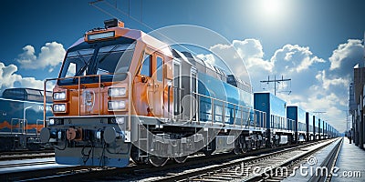 Freight train on the tracks. Pallets with goods on the platform. A pile of cartons Stock Photo