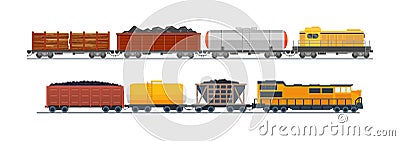 Freight train with wagons, tanks, freight, cisterns. Vector Illustration