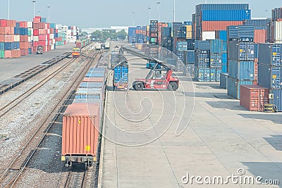 Freight trains on cargo terminal Stock Photo