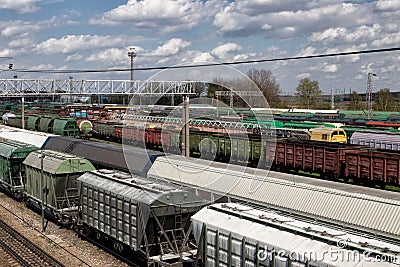 Freight trains on city cargo terminal Stock Photo
