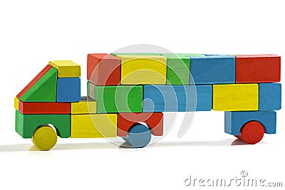 Freight truck toy blocks, multicolor car wooden transportation Stock Photo