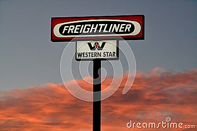 Freightliner truck sign. Freightliner trucks is an American truck manufacturer. Editorial Stock Photo