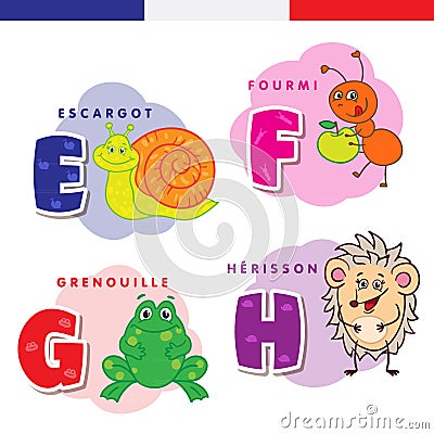 French alphabet. Snail, ant, frog, hedgehog. Vector letters and characters Vector Illustration