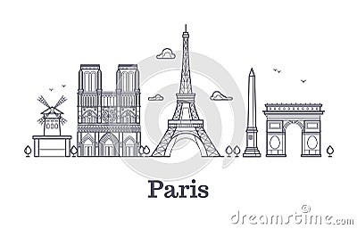 French architecture, paris panorama city skyline vector outline illustration Vector Illustration