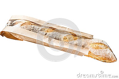 French baguette in a paper bag. Isolated on white background. Top view. Stock Photo