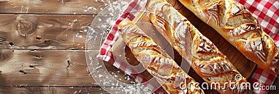 French baguette on rustic kitchen table, freshly baked bread image for culinary concepts Stock Photo