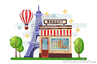 French bakery with macarons, croissant on shop-window. Paris cityscape with Eiffel tower and cafe. Vector illustration. Vector Illustration