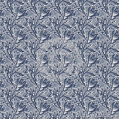 French blue floral linen seamless pattern with 2 tone country cottage style botanical motif. Simple vintage rustic Editorial Stock Photo