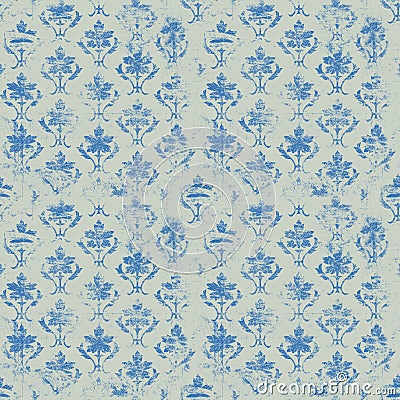 French blue vintage floral on green repeat pattern Stock Photo