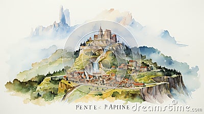 Watercolor Town On Mountain: Patience Of A Saint Inspired Plateau Illustration Stock Photo