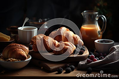 French breakfast, coffee, croissant, pastries AI generated Stock Photo