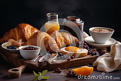 French breakfast, coffee, croissant, pastries AI generated Stock Photo