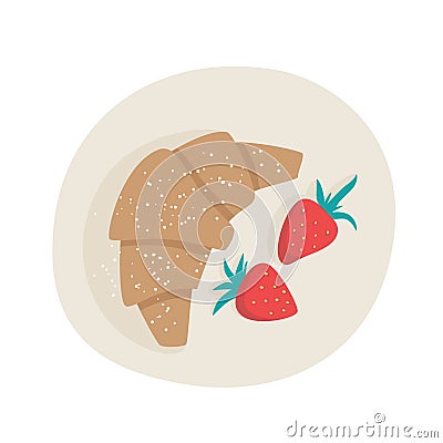 French breakfast with croissant and strawberries. top view: plate, croissant and strawberries Vector Illustration