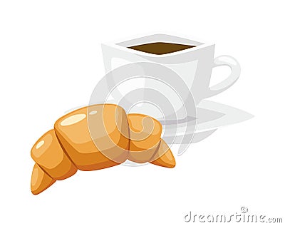 French breakfast, croissant vector food with cup of hot coffee. Vector Illustration