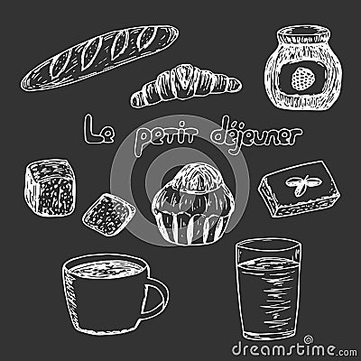 French Breakfast set, vector illustration, croissant, brioche, baguette, bread, coffee, juice, jam, dark background Cartoon Illustration