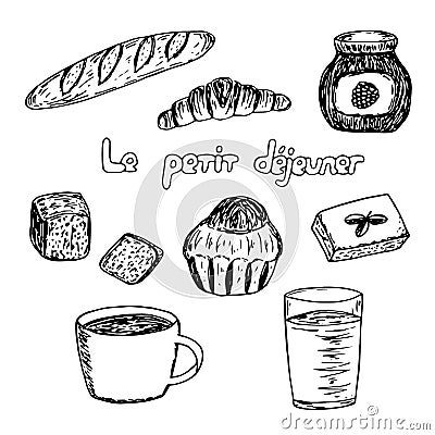 French Breakfast set, vector illustration, croissant, brioche, baguette, bread, coffee, juice, jam Cartoon Illustration