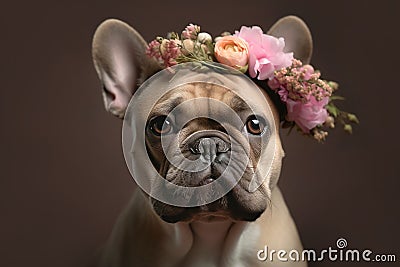 French Bulldog dog with flowers on head on brown background. Generative AI Cartoon Illustration