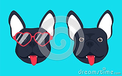 French bulldog dog head dog face illustration .Beautiful french bulldog puppy black fawn dog looks out the glasses. Vector Illustration