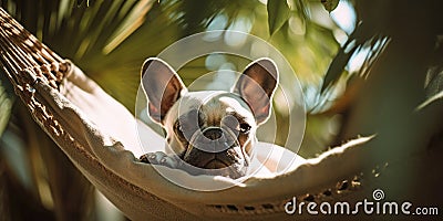 French Bulldog dog relaxing in hammock under tropical palm trea leaves. Generative AI Cartoon Illustration