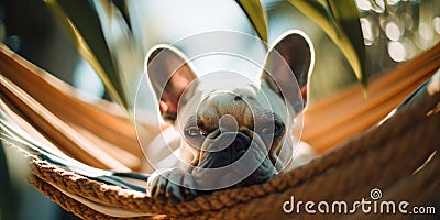 French Bulldog dog relaxing in hammock under tropical palm trea leaves. Generative AI Cartoon Illustration