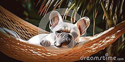 French Bulldog dog relaxing in hammock under tropical palm trea leaves. Generative AI Cartoon Illustration