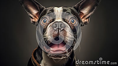 French Bulldog dog with a surprised expression, wide eyes, and an open mouth. Stock Photo