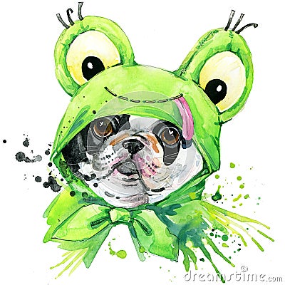 French bulldog dog T-shirt graphics. french bulldog illustration with splash watercolor textured background. unusual illustratio Cartoon Illustration