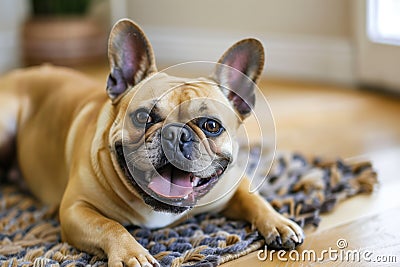 french bulldog with a happy snort, lying on a soft rug Stock Photo