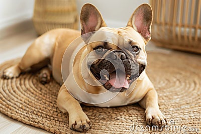 french bulldog with a happy snort, lying on a soft rug Stock Photo