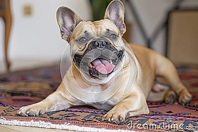 french bulldog with a happy snort, lying on a soft rug Stock Photo
