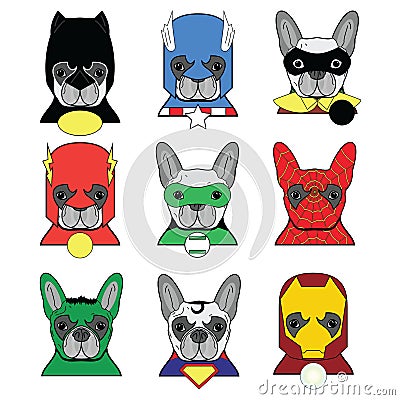 French bulldog heroes in in color icons set Vector Illustration