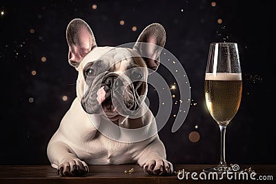 French Bulldog holding champagne glass in his hand. generative AI. Stock Photo