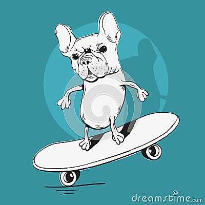 French Bulldog Make A Balance With A Skateboard Cartoon Sketchy Illustration. Vector Illustration