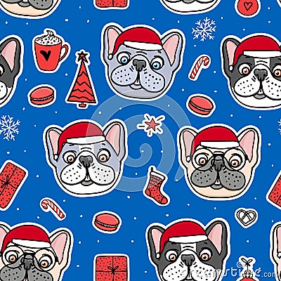 French bulldog puppies hand drawn characters. Seamless pattern Dogs in Christmas red hats. Vector Illustration holiday Vector Illustration