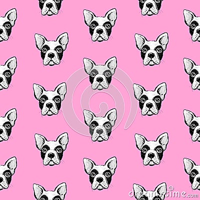 French bulldog seamless pattern, wrapping paper, fabrik print. Vector illustration. Hand drawn funny dogs Vector Illustration