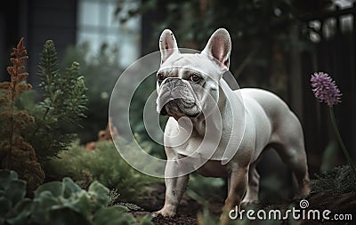 French bulldog standing in the garden. Selective focus Stock Photo