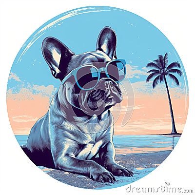 French Bulldog In Sunglasses: Pop Art Beach Cartoon Stock Photo