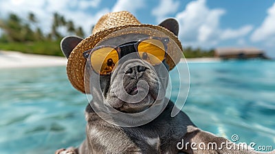 french bulldog wearing a hat on the beach Cartoon Illustration