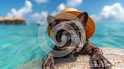 french bulldog wearing a hat on the beach Cartoon Illustration