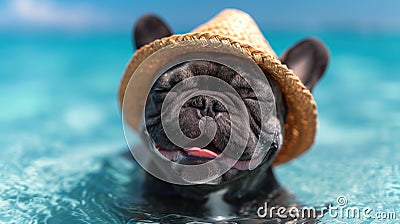 french bulldog wearing a hat on the beach Cartoon Illustration