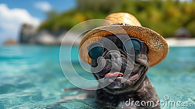 french bulldog wearing a hat on the beach Cartoon Illustration