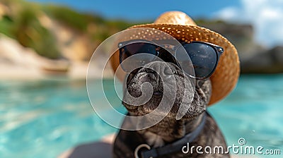 french bulldog wearing a hat on the beach Cartoon Illustration