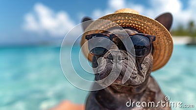 french bulldog wearing a hat on the beach Cartoon Illustration