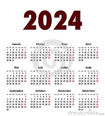 French Calendar grid bold digits for 2024. MF Vector Illustration